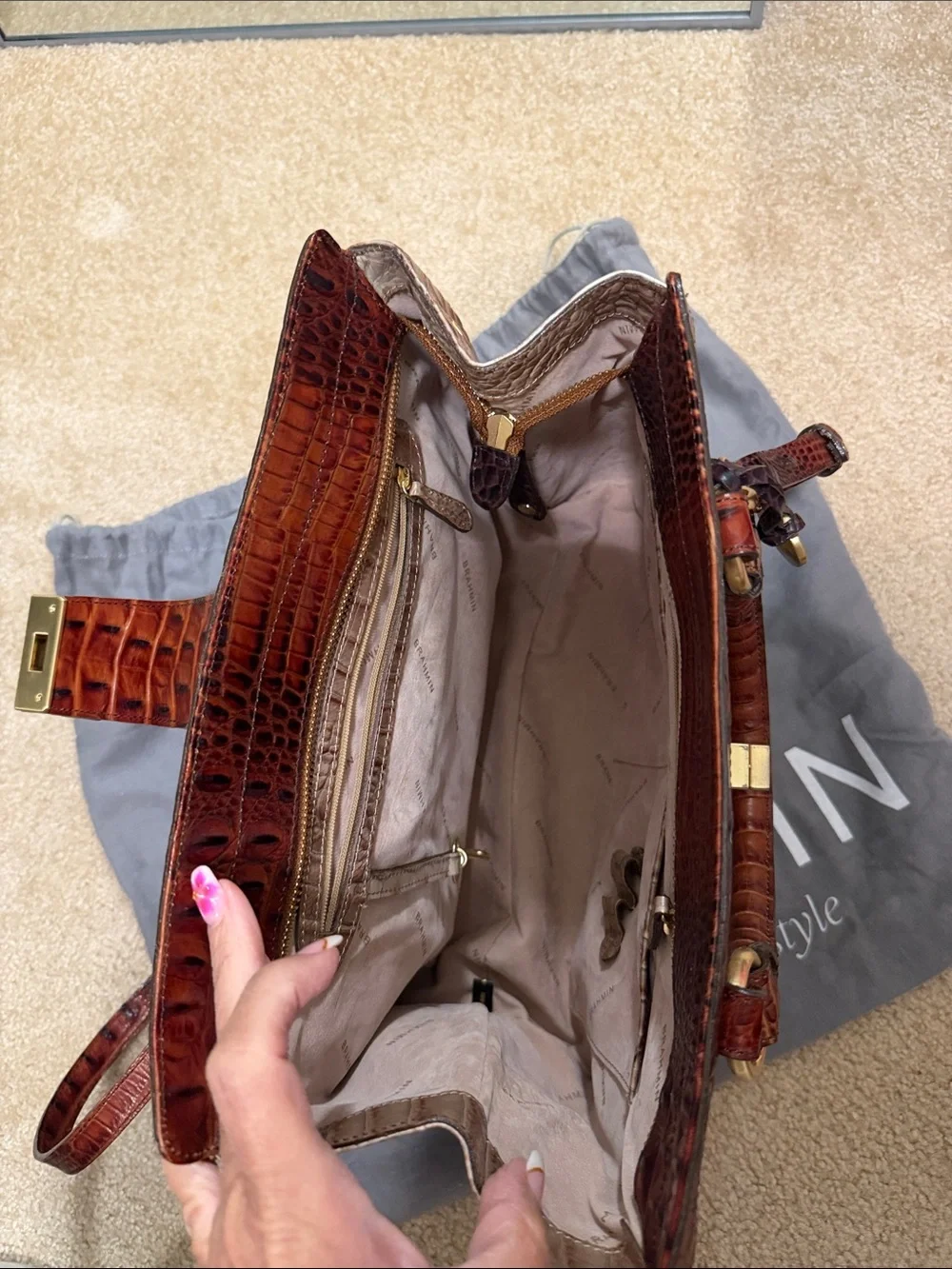 Brahmin Two-Tone Croc-Embossed Satchel in Chestnut Brown and Cream